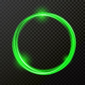 Green light circle. Vector abstract shiny spin twirl trace or spiral trail of neon shine sparkle effect