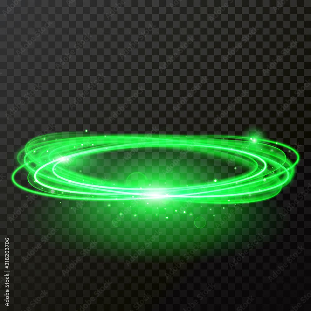 Poster green neon light abstract circles shine. vector shiny trace or spiral twirl trail effect on transpar