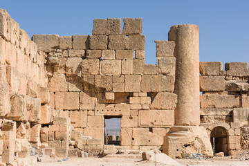 Carved stone walls in ancient roman temple of Jupiter, Baalbec heritage site, Lebanon.