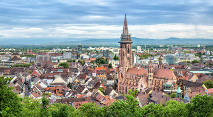 Aerial panorama of Freiburg im Breisgau with Cathedral on foreground, Germany © bbsferrari
