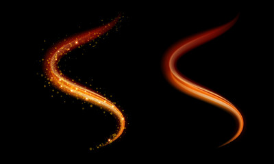 Golden light glow vector shiny trace or spiral trail with flame shine effect