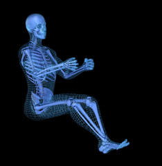 Man driving a virtual car, 3D mesh other skeleton model. 3D illustration concept