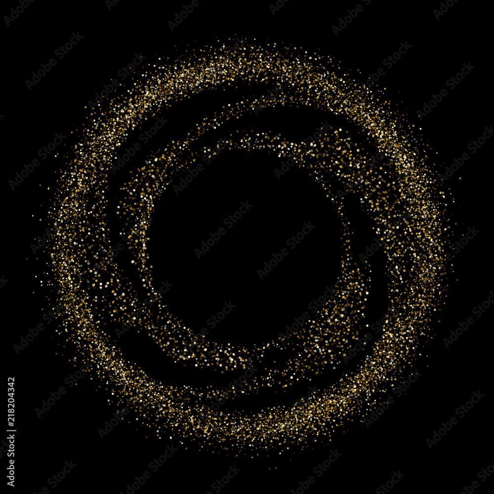 Poster golden confetti circle or shiny swirl glitter particles background. vector gold dots frame for chris