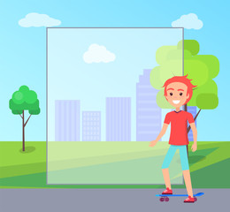 Skateboarder Training in Green Summer Spring Park