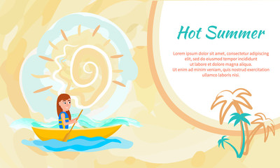 Fototapeta na wymiar Hot Summer Poster with Girl Kayaking Sitting Boat