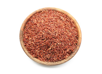 Fototapeta na wymiar Bowl with red rice on white background