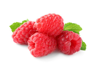 Delicious fresh ripe raspberries on white background