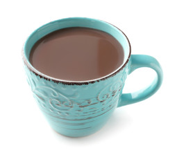 Cup of tasty cocoa on white background