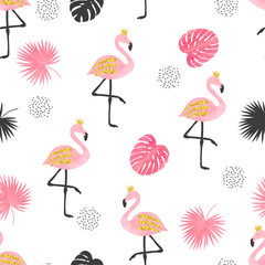 Watercolor Flamingo seamless pattern. Vector background design with pink flamingos and palm leaves.