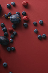 elevated view of blueberries, raspberries and plums on red surface