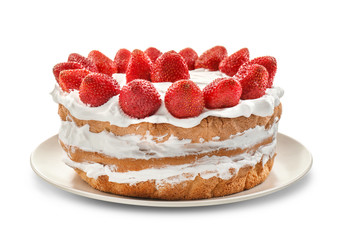 Delicious cake with strawberries on white background