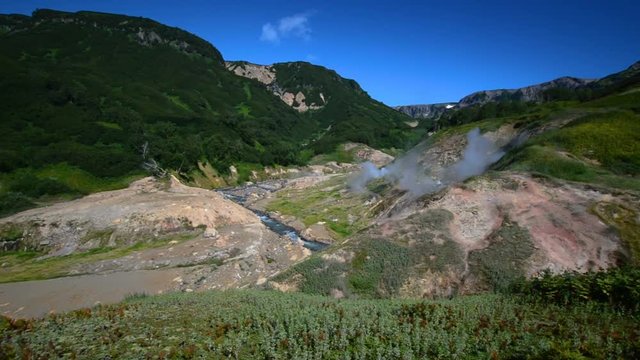 Valley of Geysers. Tourist season in Kamchatka Peninsula. Kronotsky Nature Reserve. The summer stock footage video