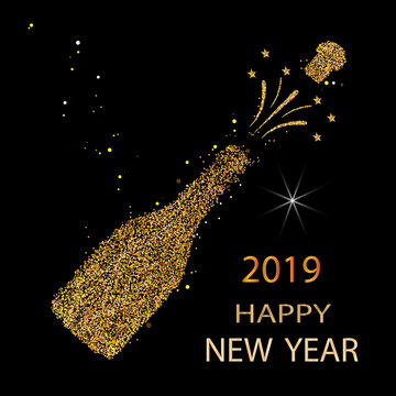 Happy new year. Gold glitter 2019. Champagne icon. Silhouette of a champagne bottle. Vector