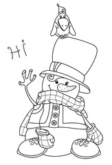 Vector   happy snowman cartoon, black  silhouette isolated on white for coloring.