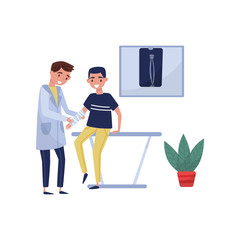 Male doctor traumatologist examining injured patient with broken arm in clinic, medical treatment and healthcare concept vector Illustration on a white background