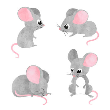 Set of cute little mice. Vector watercolor mouse collection.