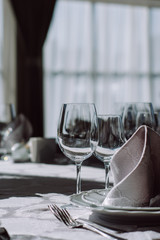 Empty glasses set in restaurant. Celebrating a wedding or other holiday