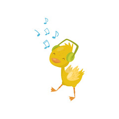Cute little yellow duckling character listening music in headphones vector Illustration on a white background