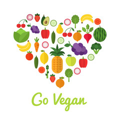 Healthy food concept. Go vegan design. Heart shape filled with collection of fresh healthy fruits and vegetables. Organic template. Vegetarian food. Vector illustration