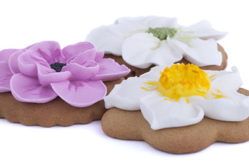 Flower shaped gingerbread cookies on white background