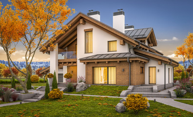 3d rendering of modern cozy house in chalet style with garage for sale or rent with large garden and lawn. Cool autumn evening with soft light from window