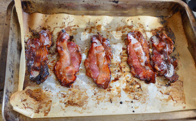 Cooked sizzling hot tasty crispy bacon on a baking tray