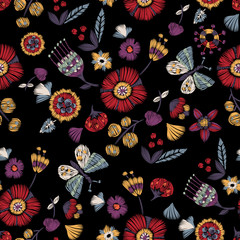 Embroidery seamless pattern with simplified flowers and butterfly. Vector embroidered floral patch for print and fabric design.