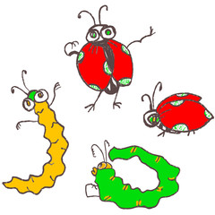Fototapeta premium Dancing insects, party. Funny cartoon characters bugs. Insects illustration, ladybug, caterpillar in red, yellow, green colors for design, prints, covers, surface, t shirt, cards, posters, invitations