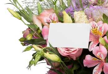Beautiful Lilies Flowers Bouquet and blank card on background