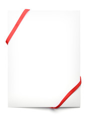 Blank paper card with red satin ribbons on white background