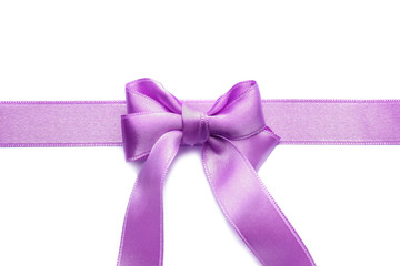 Purple satin ribbon with bow on white background