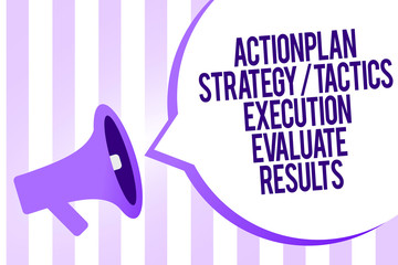 Writing note showing Action Plan Strategy Tactics Execution Evaluate Results. Business photo showcasing Management Feedback Megaphone loudspeaker purple stripes important message speech bubble.
