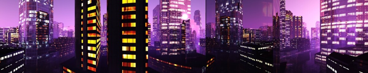 Beautiful panorama of the evening city. Modern city at sunset.
3D rendering
