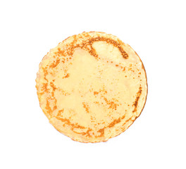 Tasty thin pancake on white background
