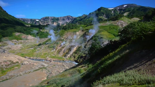 Valley of Geysers. Tourist season in Kamchatka Peninsula. Kronotsky Nature Reserve. The summer stock footage video