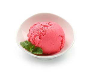 Bowl with delicious strawberry ice-cream on white background