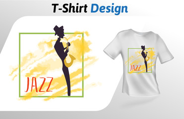 Saxaphone player silhouette t-shirt print, jazz event. Colorful mock up t-shirt design template. Vector template, isolated on white background.