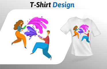 Boy and girl playing with water guns t-shirt print. Colorful mock up t-shirt design template. Vector template, isolated on white background.