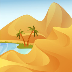 Oasis with palm trees at desert with sand hills