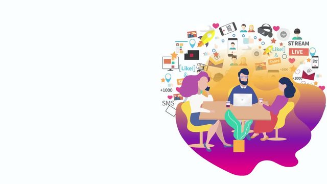Business co working process video. Three people make conversation and work together and eat healthy food animation. Open space office. Man, girl, students, chair, cafe, food court. stock footage