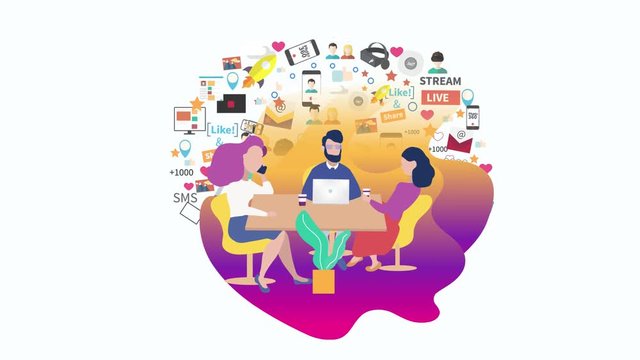 Business co working process video. Three people make conversation and work together and eat healthy food animation. Open space office. Man, girl, students, chair, cafe, food court. stock footage