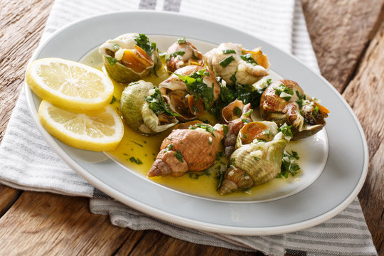 French recipe Whelks with a sauce of butter, garlic and parsley, lemon close-up. horizontal