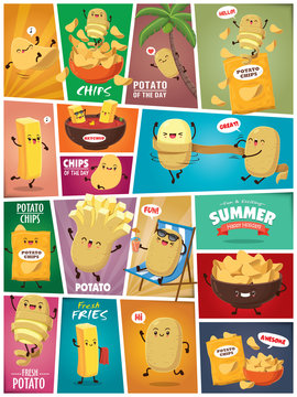 Naklejki Vintage Summer poster with potato potato & chips character.