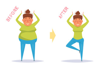 Thick skinny before after yoga Vector. Cartoon. Isolated art on white background.
