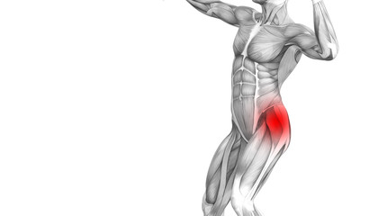 Conceptual hip human anatomy with red hot spot inflammation articular joint pain for leg health care therapy or sport muscle concepts. 3D illustration man arthritis or bone sore osteoporosis disease