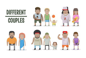 Fototapeta premium Set of different couples and families. Cartoon style people, with baby.