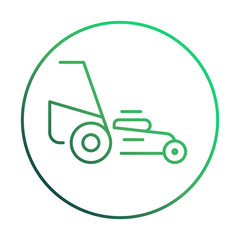 Vector lawn mower icon with trendy line art style. Mowing grass linear sign, Gardening tools emblem for Landscaping design company isolated on a white background. Hand lawn mower gardening thin line.
