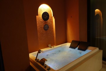beautiful modern house in cement, interior, bathroom, moroccan style colour tone