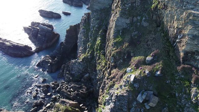 Aerial view of the beautiful cliffs close to the historic South Stack lighthouse on Anglesey - Wales