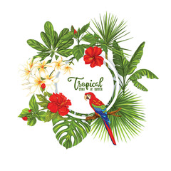 Naklejka premium Template of poster, banner, postcard with tropical flowers and plants and bird on white background. Stock vector illustration